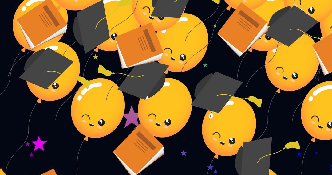 Festive Graduation Celebrating with Smiley Balloons, Caps and Books