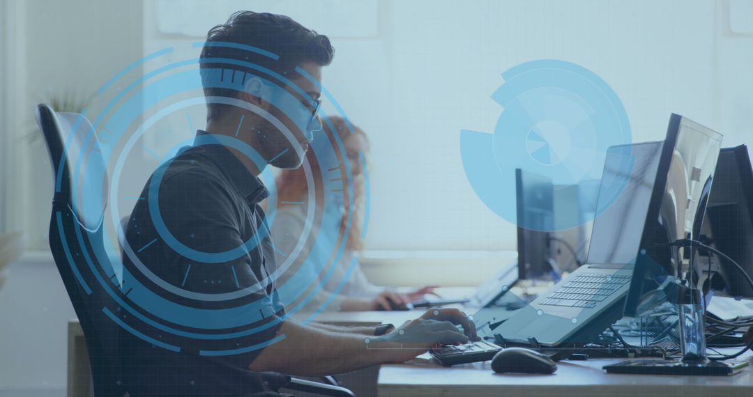 Diverse Team Engaging with Futuristic Digital Interfaces in Office