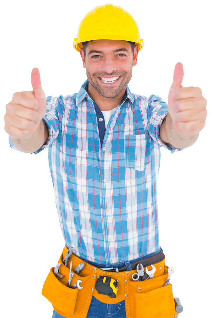 Smiling Repairman in Safety Gear Giving Thumbs Up Transparent Background