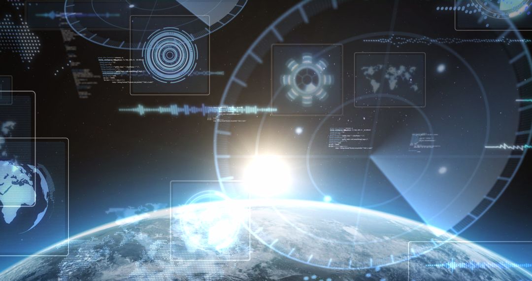 Technology Interface Overlaying Digital Earth at Sunrise