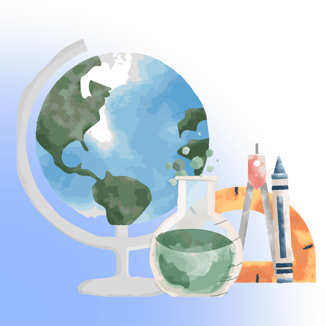Watercolor School Supplies with Globe on Transparent Background
