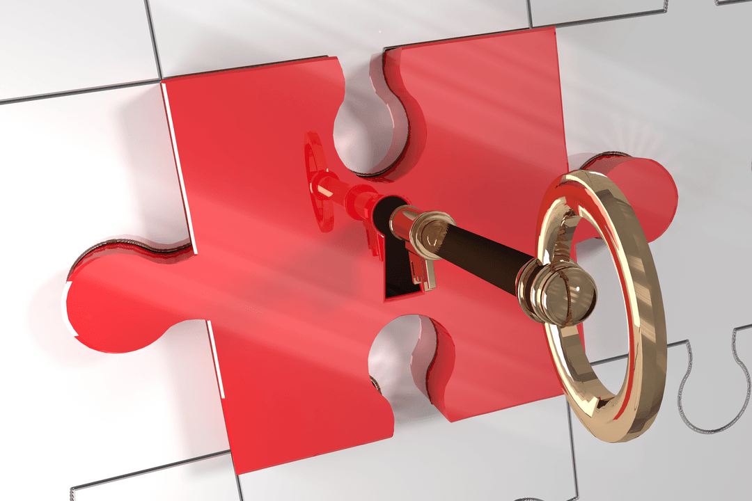 Transparent Gold Key in Red Puzzle Piece with Copy Space