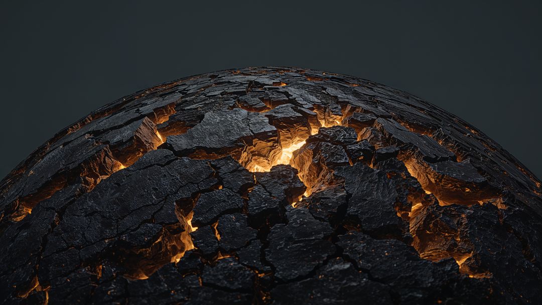 Glowing earthquake fissures on cracked molten sphere