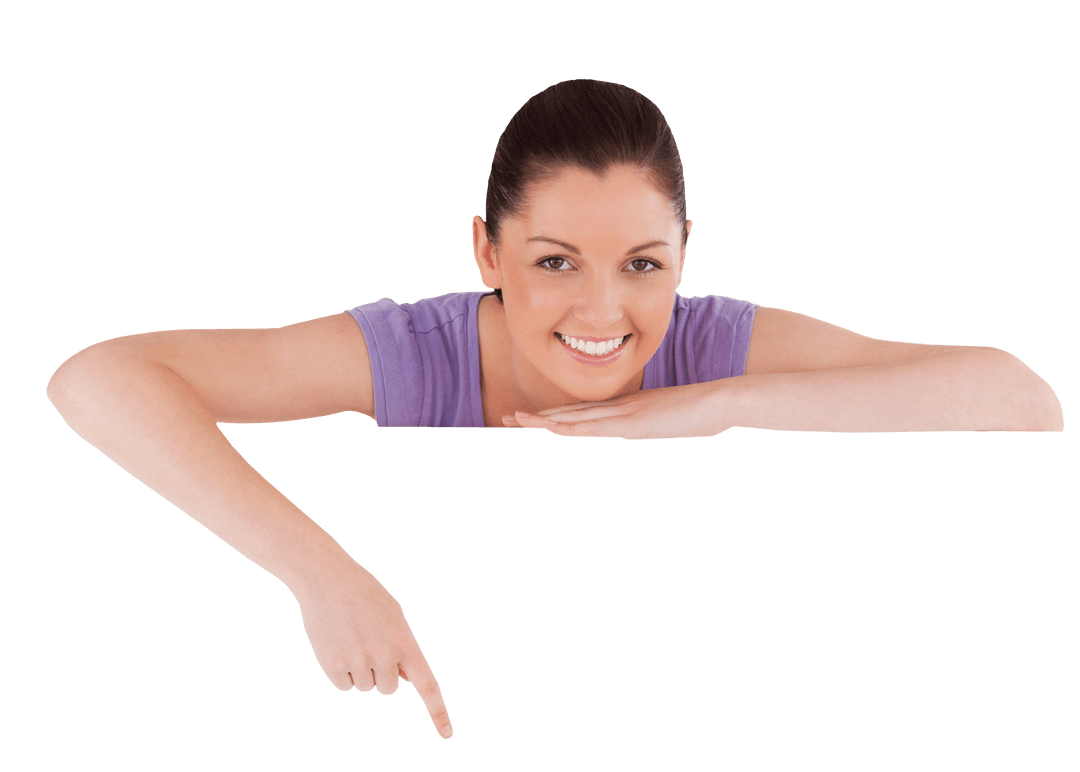 Happy Woman Pointing at Transparent Area for Promotional Use