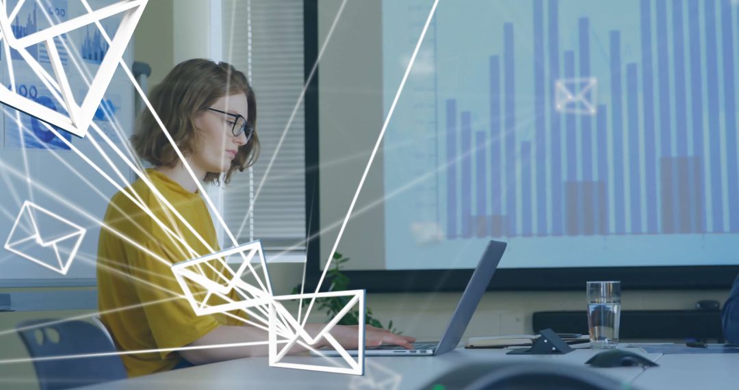 Businesswoman Analyzing Growth Data with Digital Email Connections