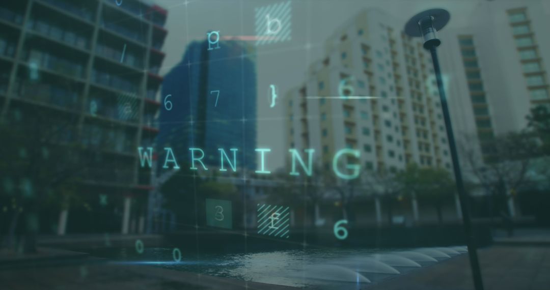 Digital Warning Alert Over Modern Urban Cityscape