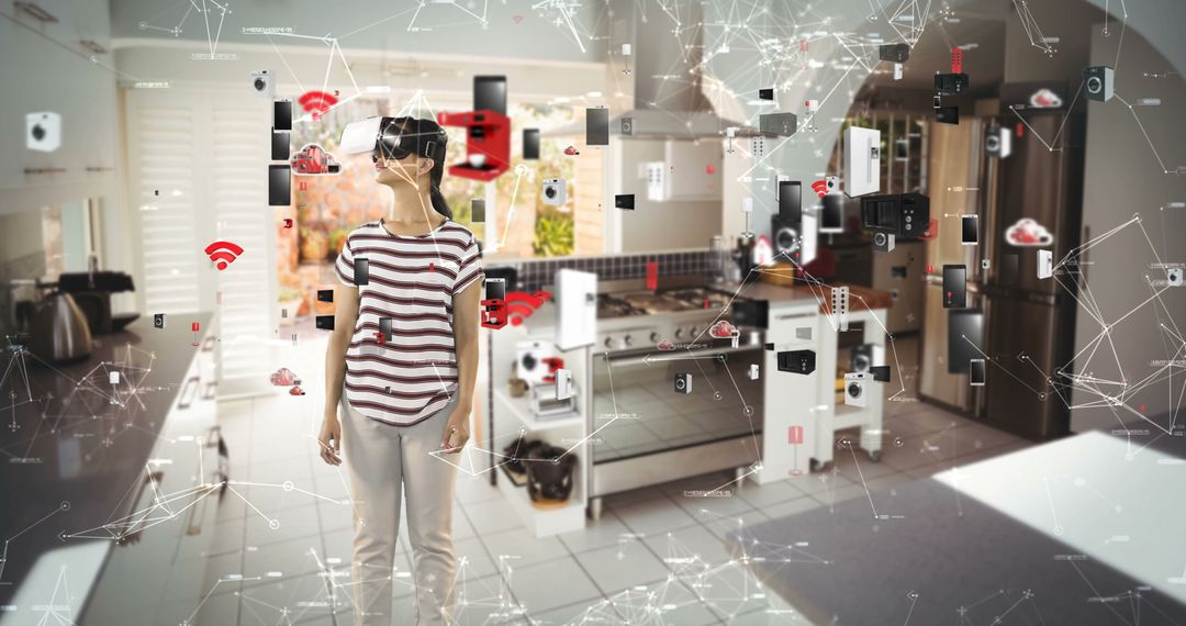 A woman engages with a virtual interface in a contemporary kitchen, symbolizing tech integration. - Free Images, Stock Photos and Pictures on Pikwizard.com