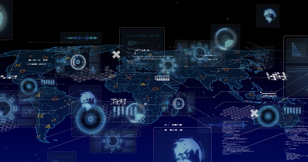 Futuristic Global Data Processing with Digital World Map Overlay