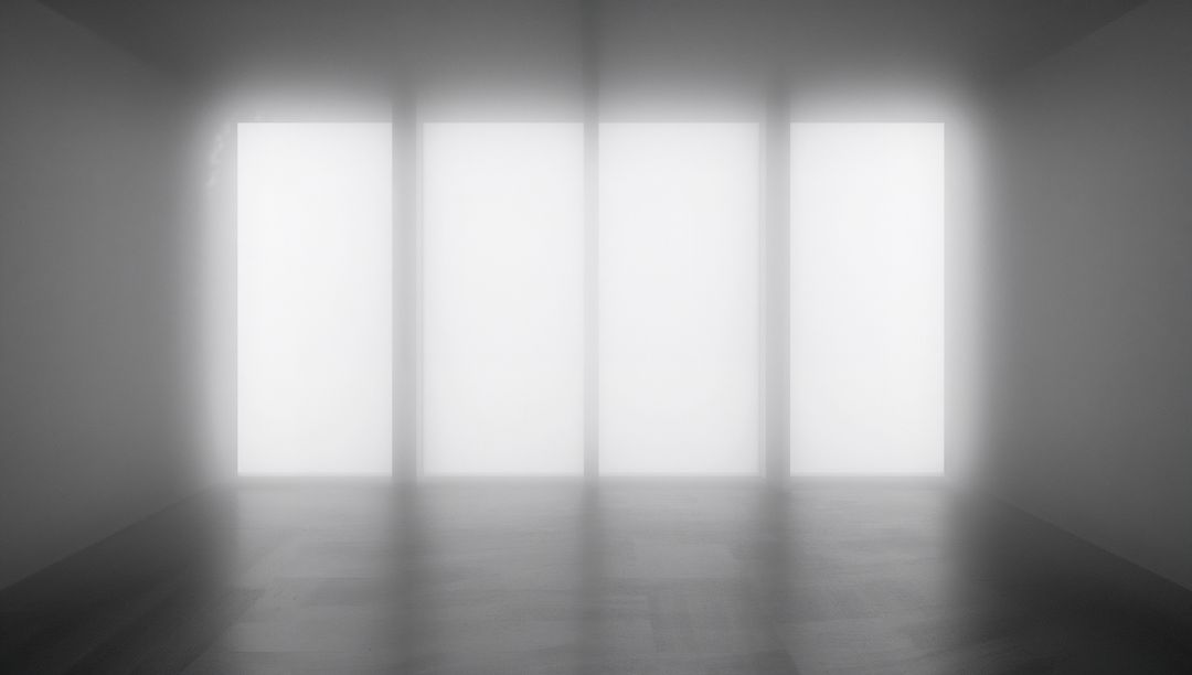 Minimalist Studio with Four Frosted Vertical Windows Casting Soft Light on Wooden Floor