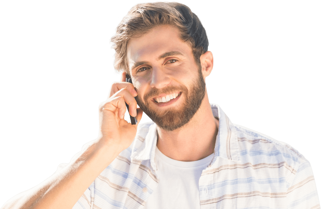 Smiling Man Talking on Smartphone Transparent Background