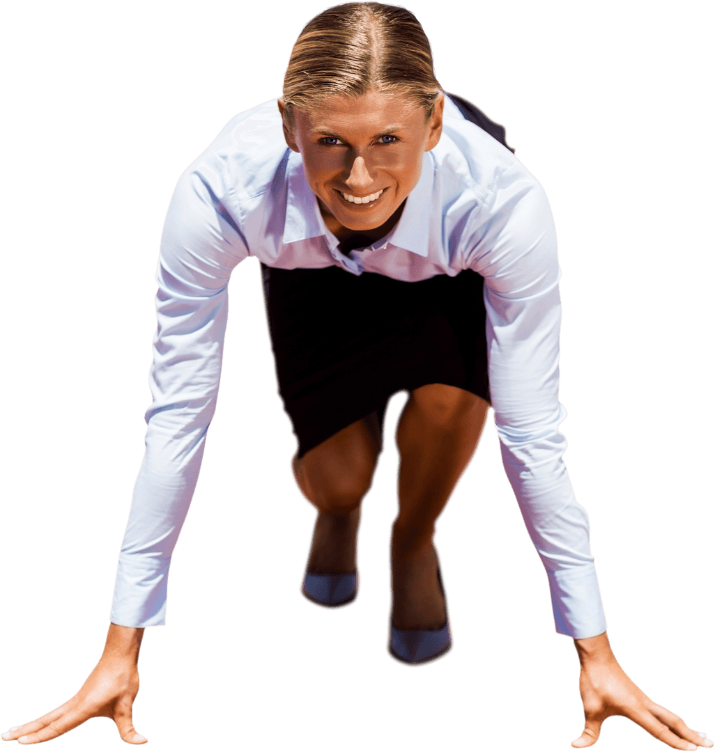 Transparent Smiling Businesswoman in Starting Position Ready