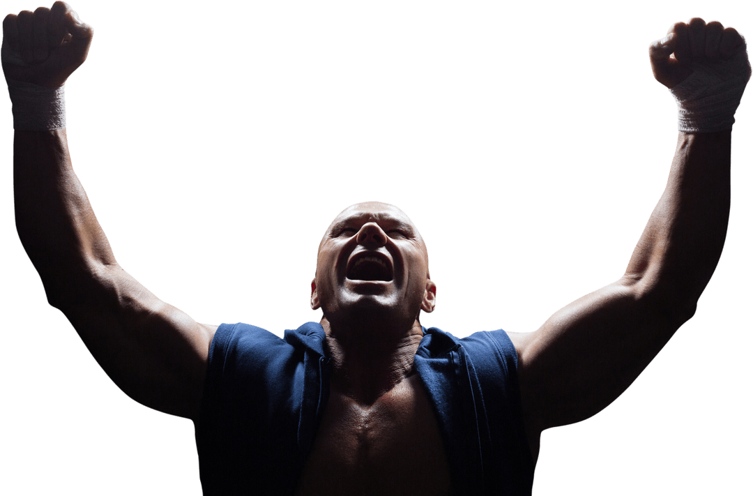 Triumphant Boxer Shouts Loudly with Clenched Wrists Transparent Background