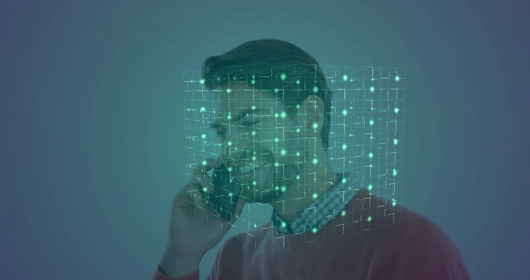 Man Scanning Face with Biometric Digital Grid Cube