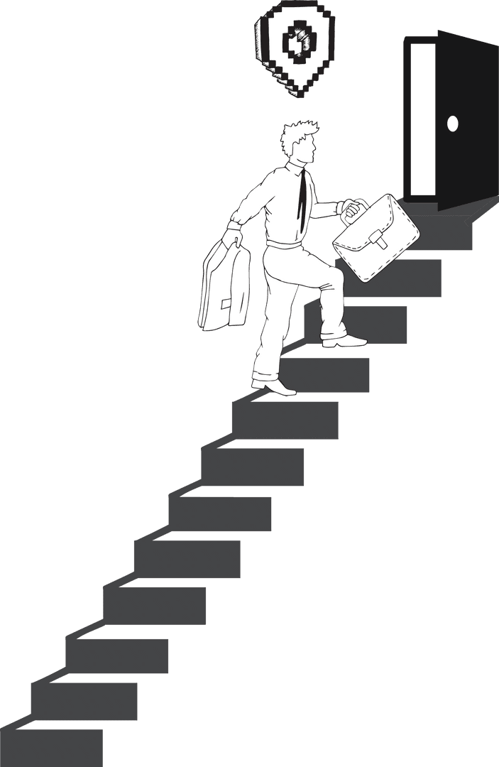 Businessman Climbing Stairs Reaching Location Pin on Transparent