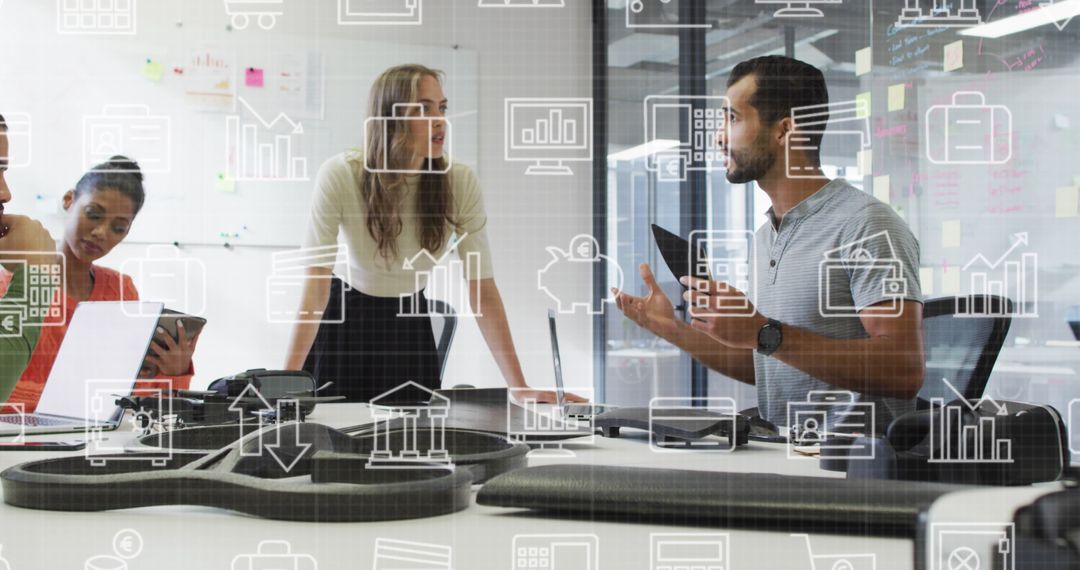 Team Brainstorming with Digital Interface Overlays in Modern Office