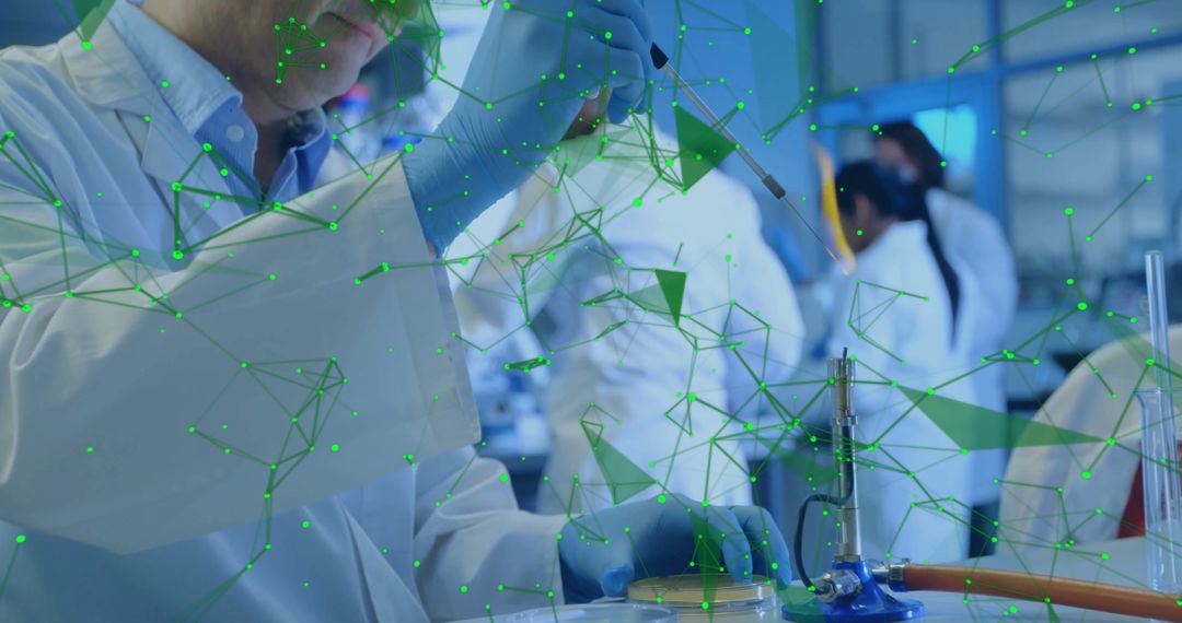 Scientist Analyzing Data in Innovative Laboratory with Digital Network Concept