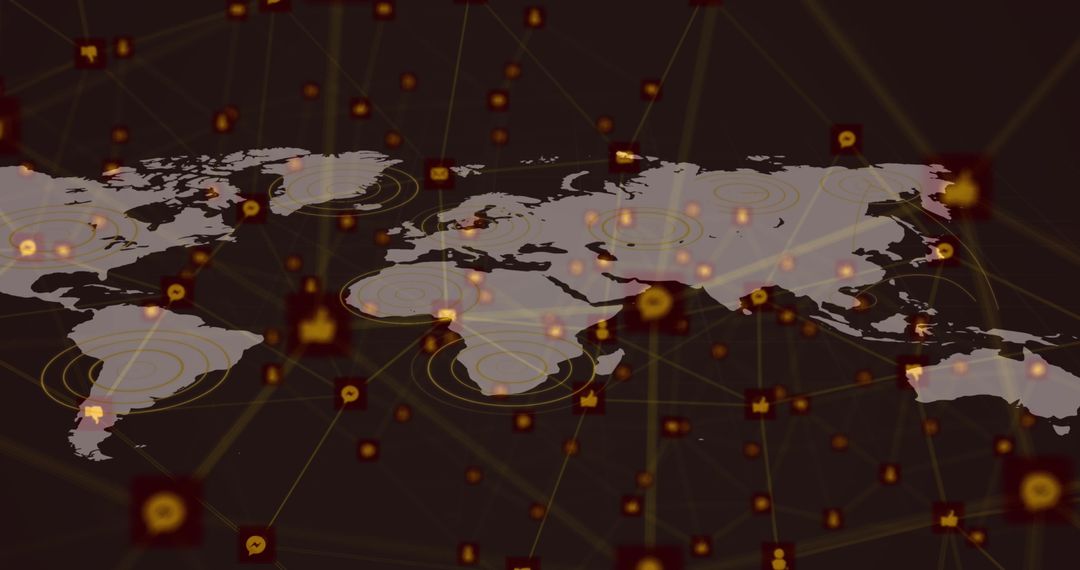 Global Network of Digital Icons on World Map Background