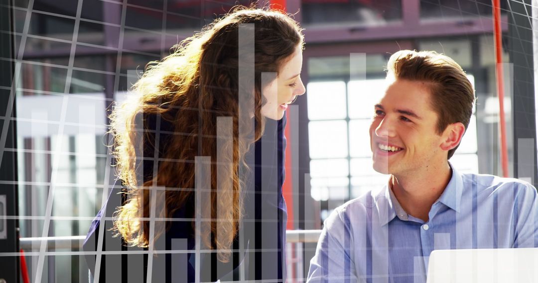 Colleagues Collaborating at Office with Data Visualization Overlay