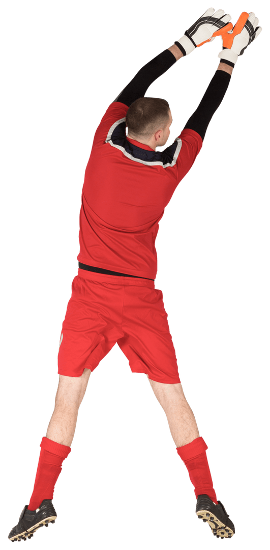 Caucasian Goalie Catching Soccer Ball on Transparent Background