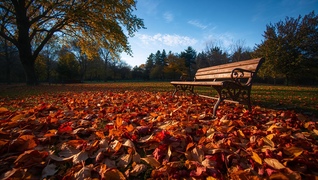Park Bench Surrounded by Autumn Leaves in Peaceful Landscape