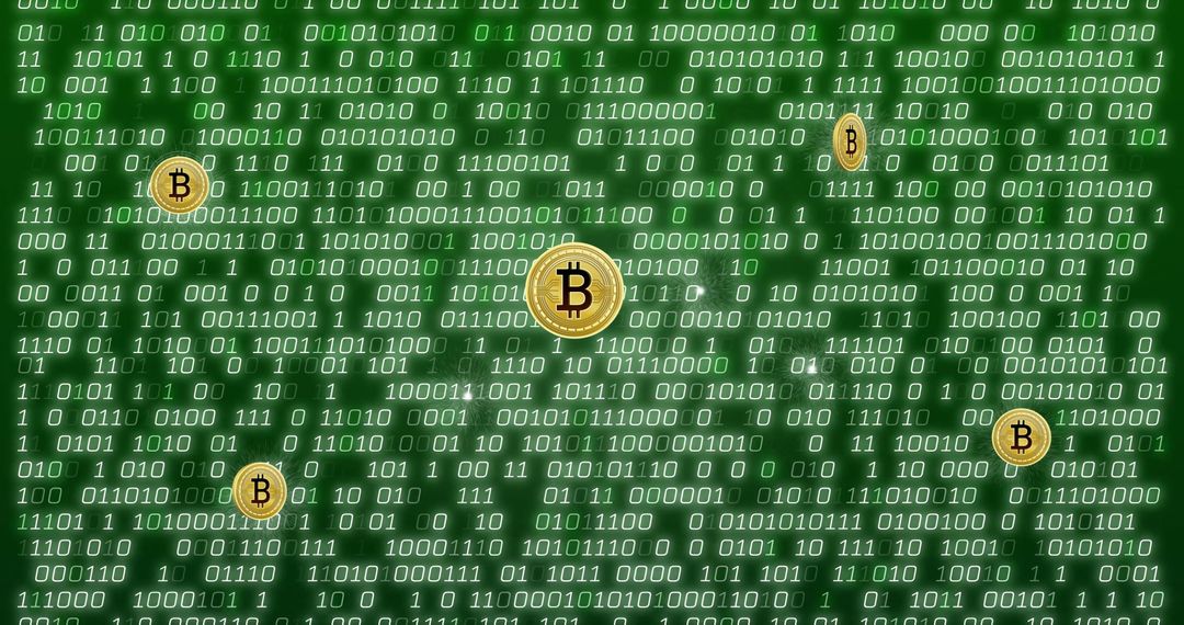 Bitcoin Symbols Floating Over Binary Code Green Background - Free Images, Stock Photos and Pictures on Pikwizard.com