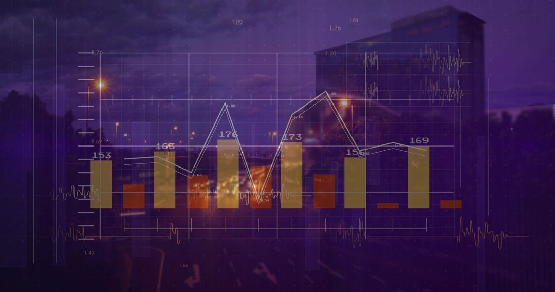 Abstract Financial Data Over Town Scene with Chart and Graph