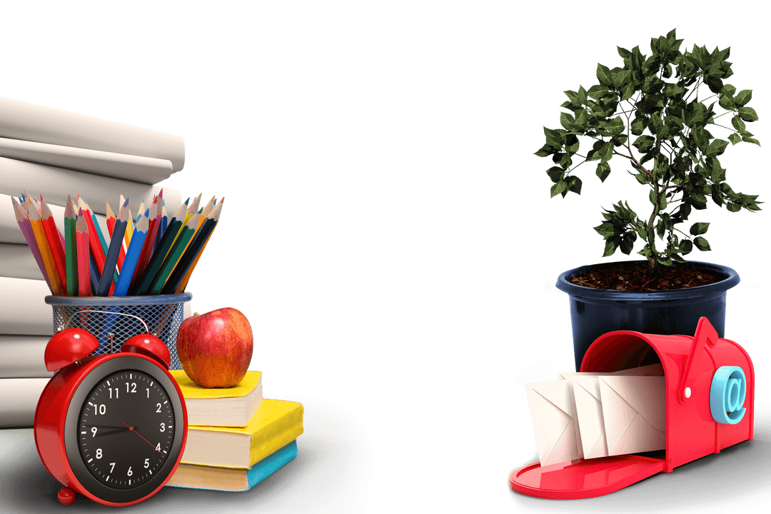 School Supplies and Mailbox on Transparent Background