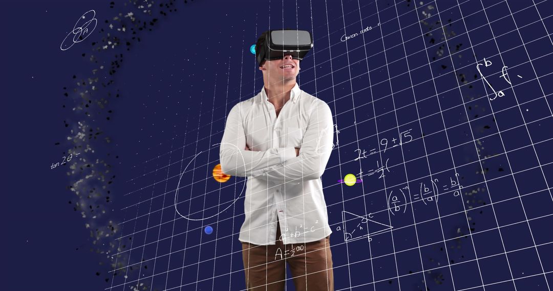 Businessman Experiencing Virtual Astronomy and Mathematical Concepts
