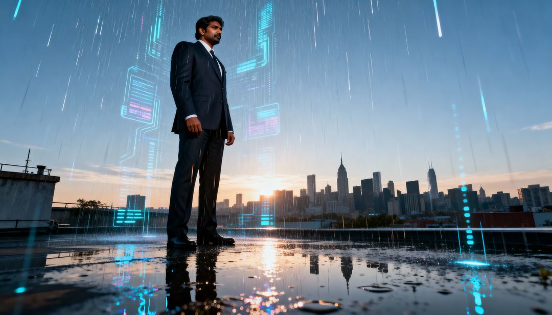 Indian Executive Standing on Wet Rooftop Watching City Skyline with Holograms at Sunset