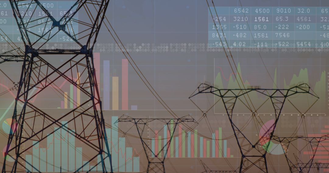 Financial Data Overlay on Electricity Pylons Landscape