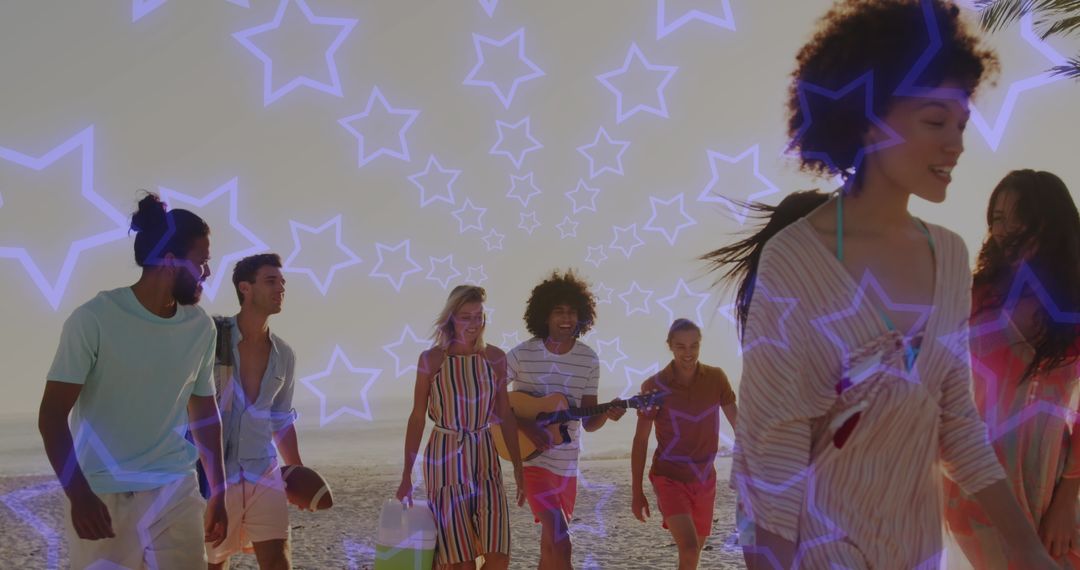 Diverse Friends Enjoying Beach Walk with Neon Stars Overlay