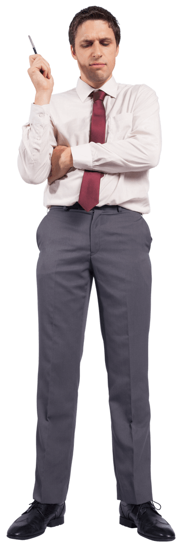 Worried Caucasian Businessman Holding Pen Transparent Background