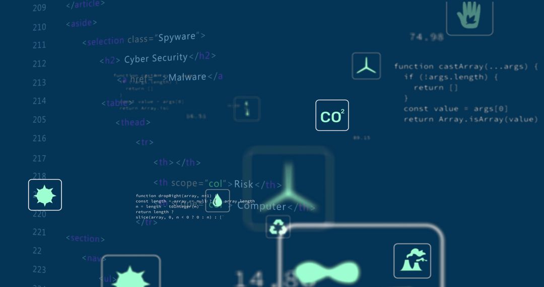 Floating Eco Icons Over Digital Code Art with Sustainability Theme