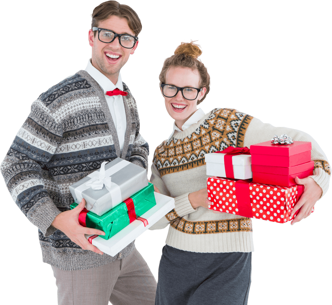 Festive Couple Holding Christmas Gifts in Transparent Background