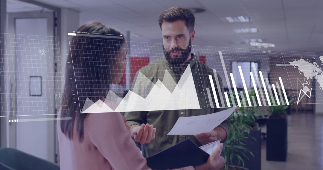 Colleagues Discussing Business Data with Digital Interface Overlay