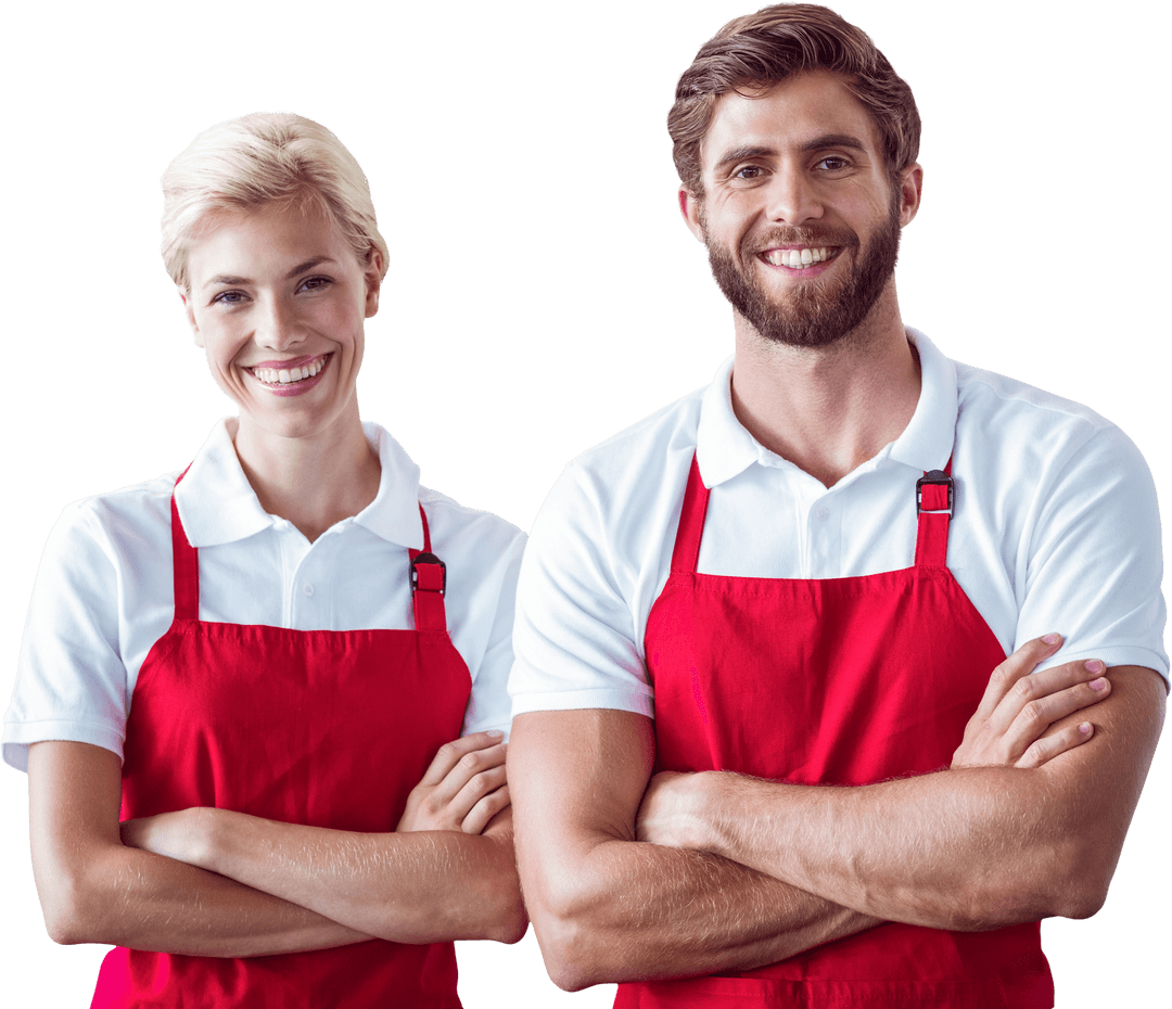 Transparent Smiling Coworkers in Red Aprons, Arms Crossed