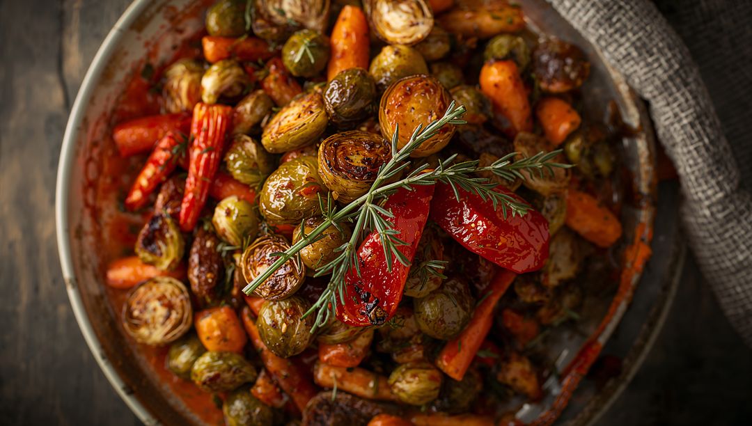 Roasting Brussels Sprouts with Carrots and Charred Red Peppers Garnished with Fresh Rosemary