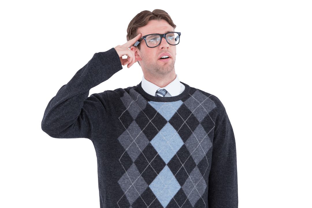 Transparent Man Thinking Positively with Finger on Temple