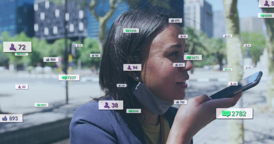 Biracial Woman Engaging with Smartphone in Social Media Matrix