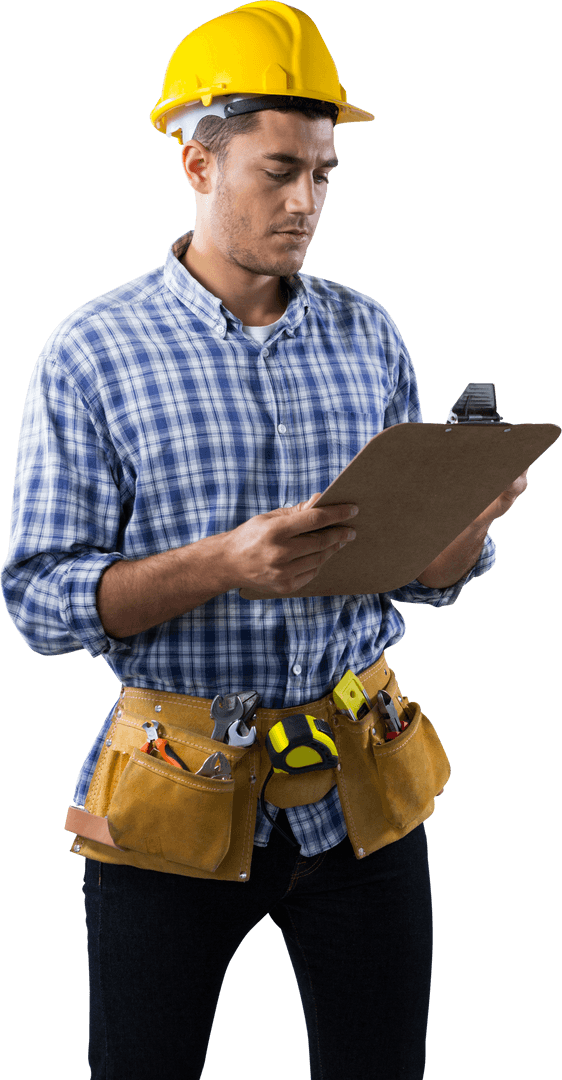 Caucasian Construction Worker Reviewing Clipboard on Transparent Background