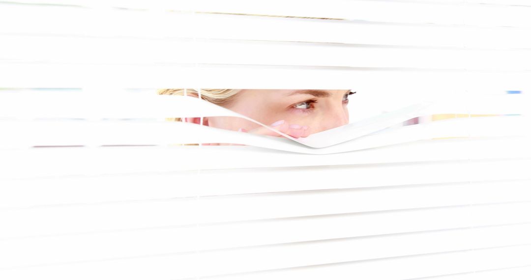 Woman Peeking Through Blinds in Bright White Room - Free Images, Stock Photos and Pictures on Pikwizard.com