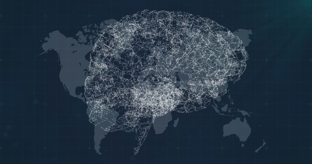Digital Brain Illustration Over World Map Grid with Connected Dots