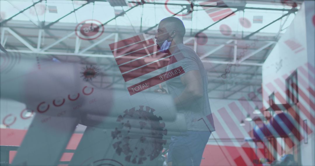 Man Exercising with Pandemic Graphs Overlay in Gym