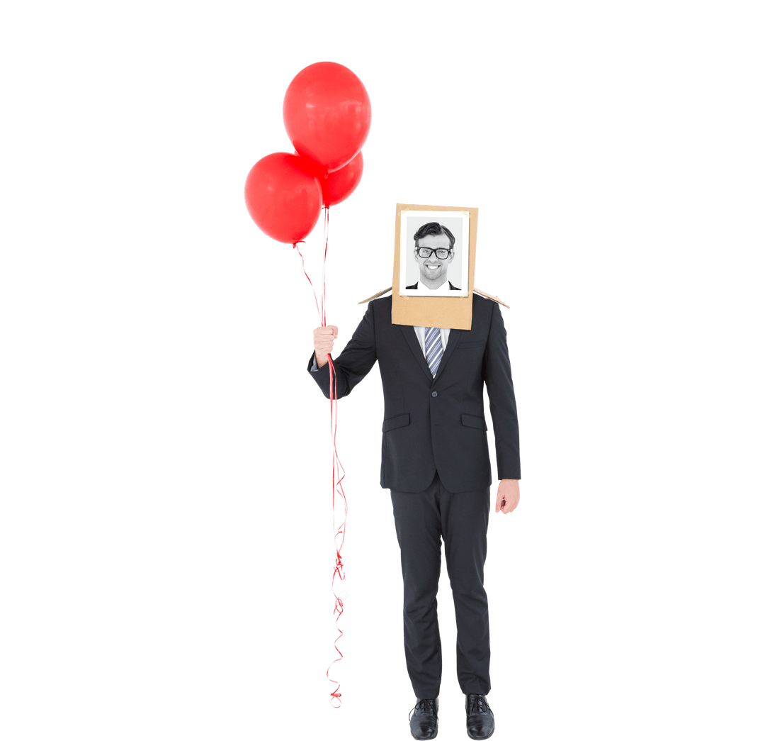Businessman Wearing Photo Frame with Balloons Transparent Background