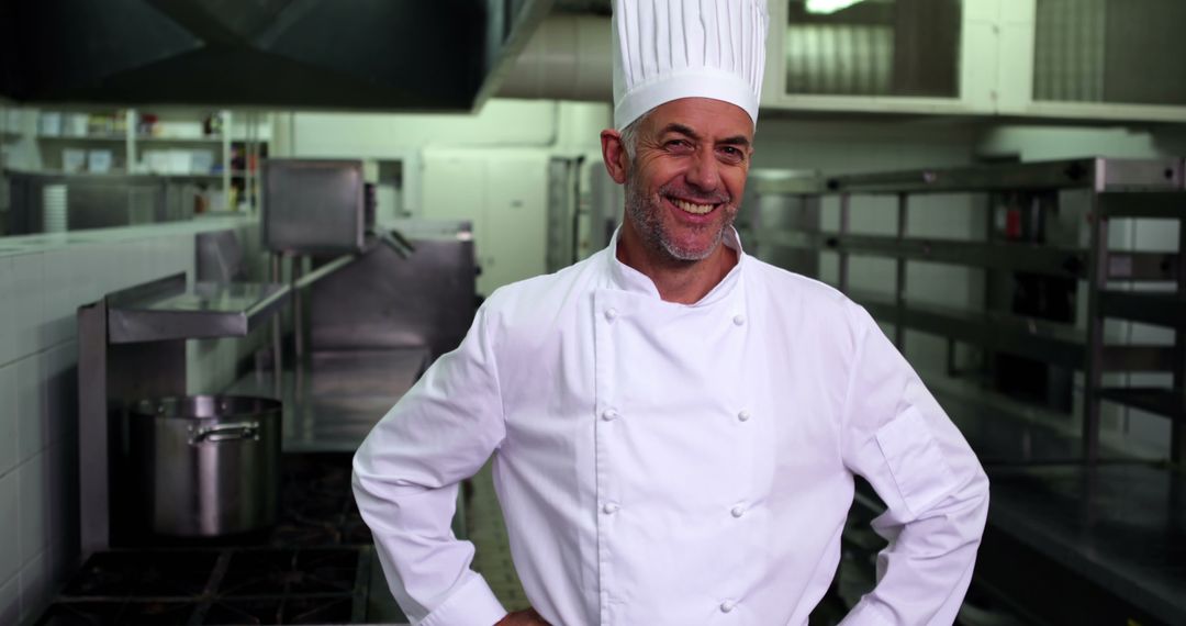 Smiling Chef in Professional Kitchen with Hands on Hips - Free Images, Stock Photos and Pictures on Pikwizard.com