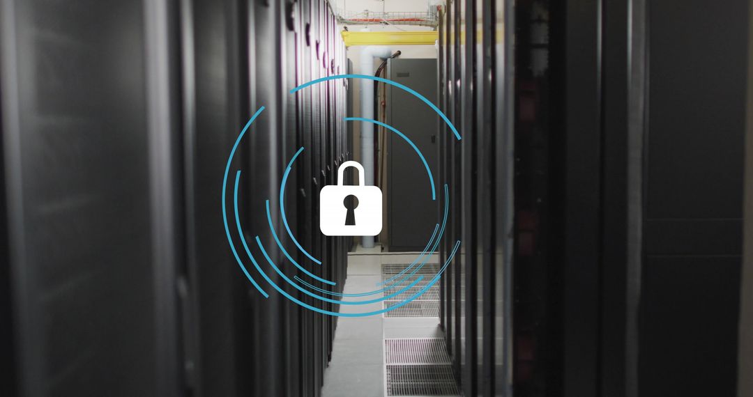 Secure Server Room with Digital Padlock Overlay Symbolizing Cybersecurity