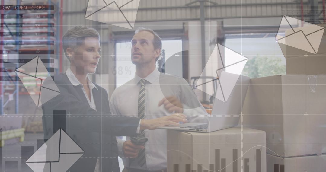 Warehouse Business Team Reviewing Delivery Strategy with Email Graphics