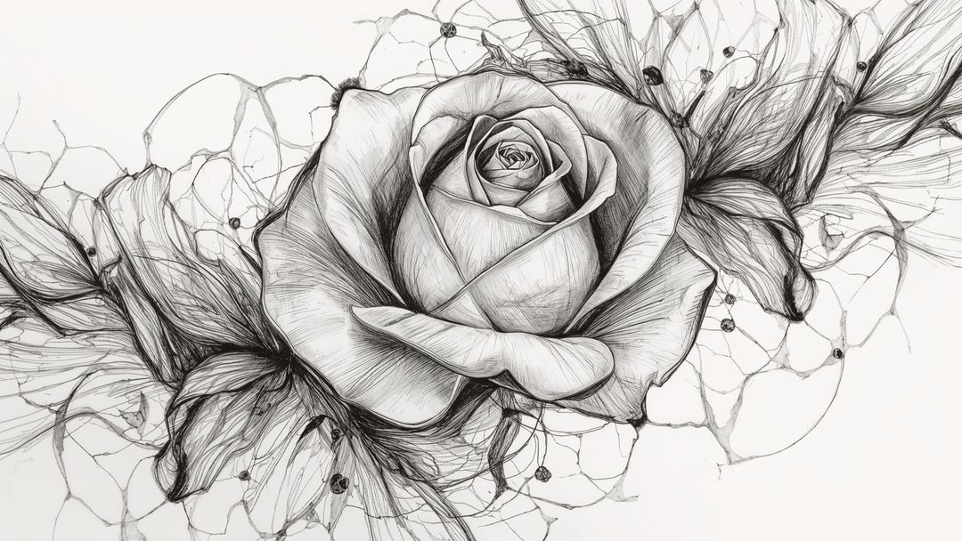 Intricate Pencil-ink Rose Drawing with Mesh Tendrils