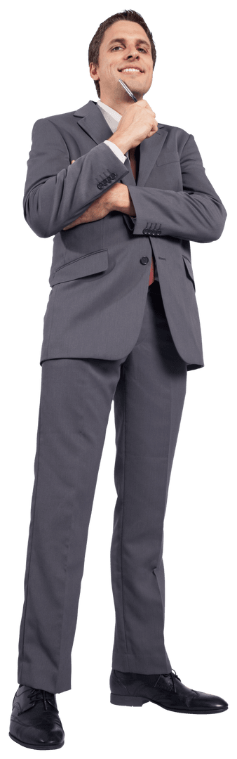 Thoughtful Businessman in Gray Suit Pondering with Pen Transparent Background