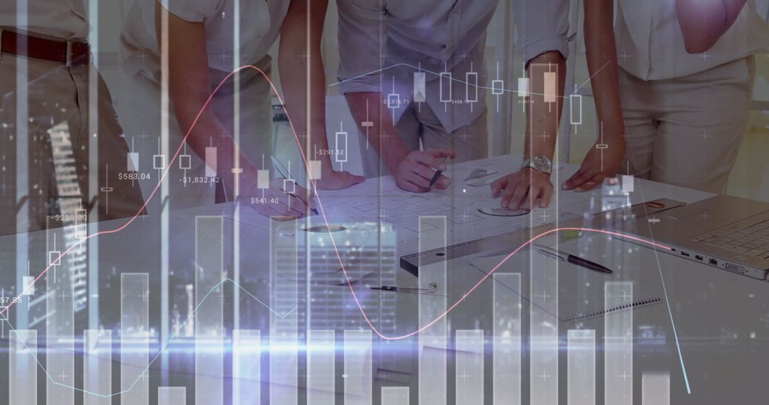 Business Team Analyzing Financial Data with Graphic Overlays